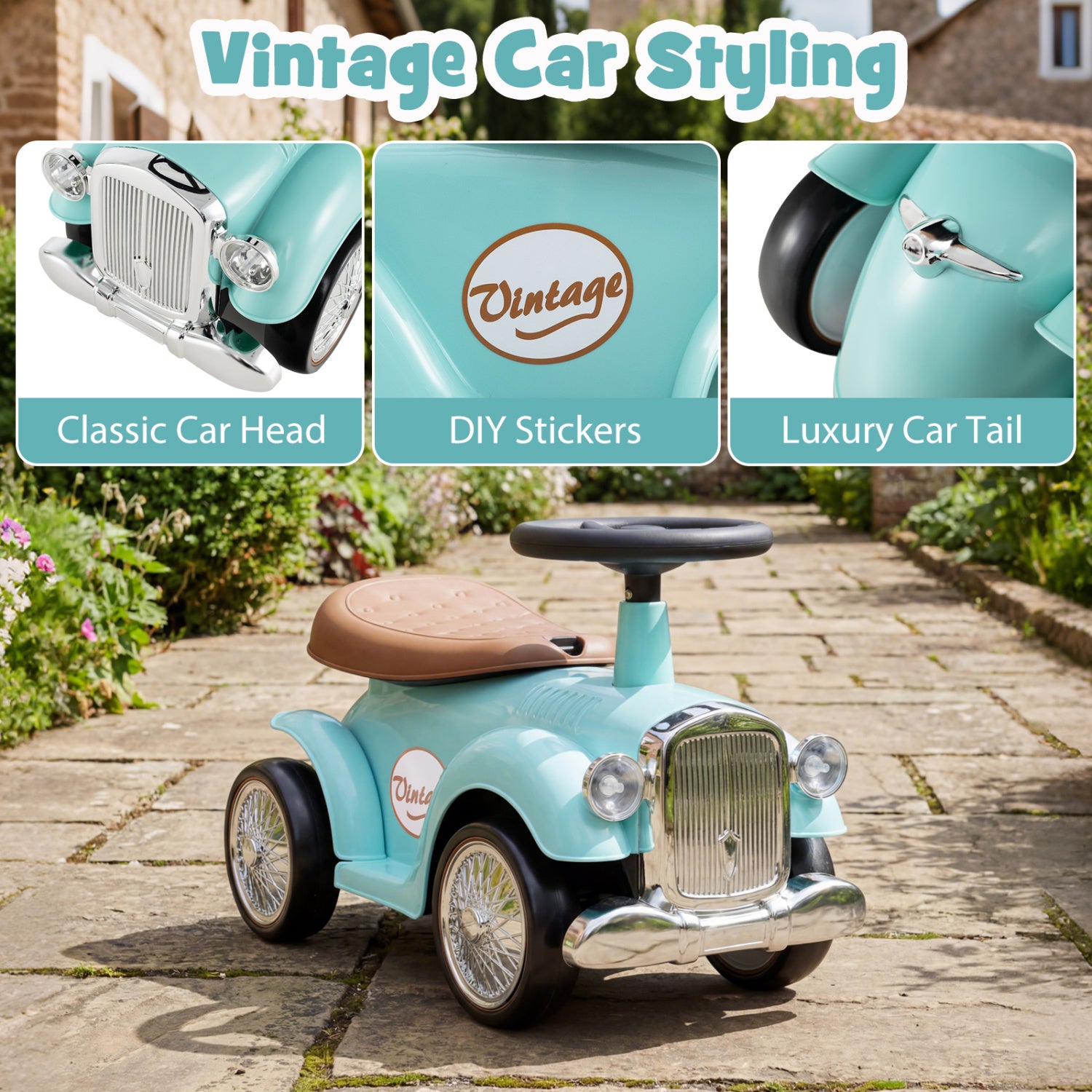 Vintage-style toy car with customizable parts on a stone path.