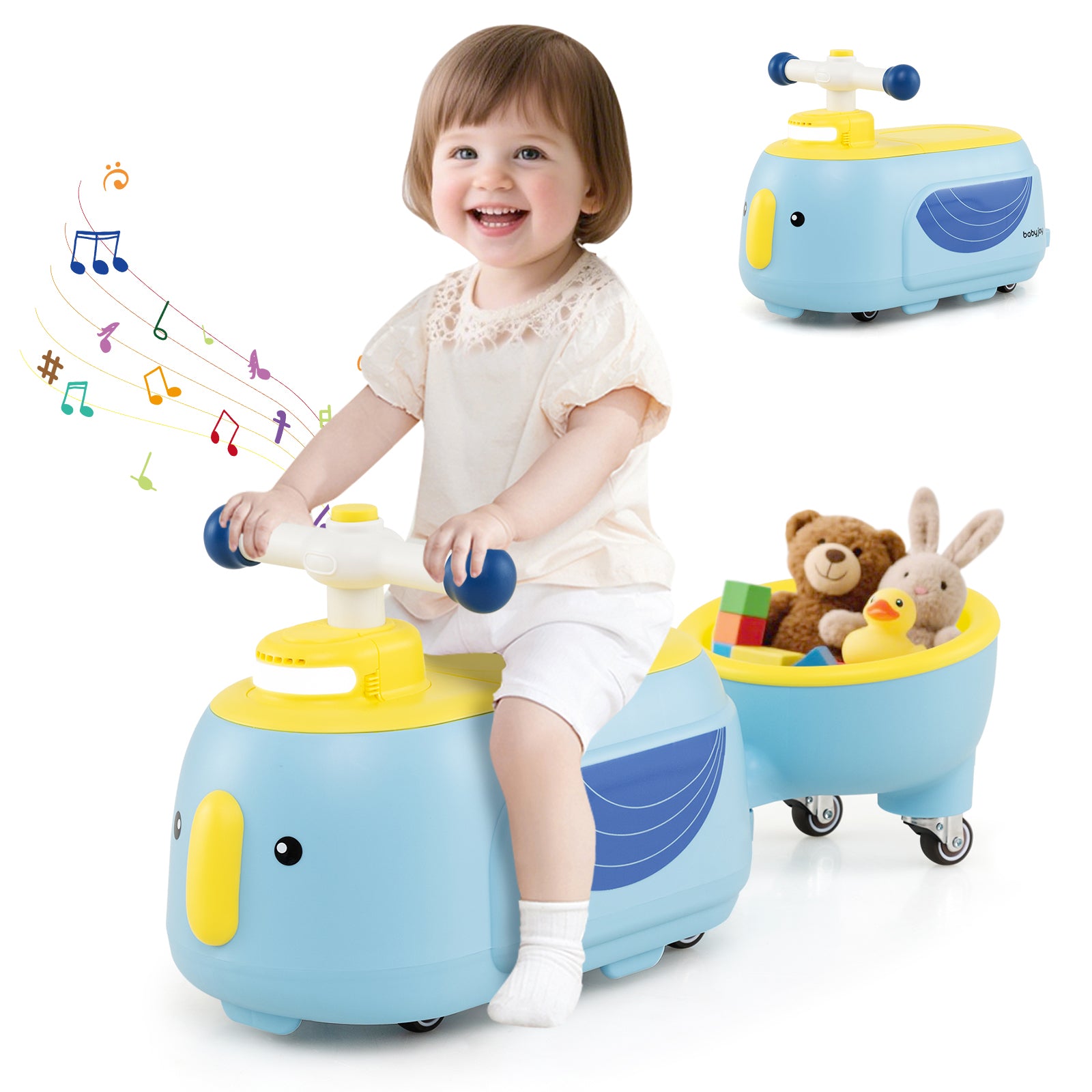Child playing with a blue and yellow toy vehicle with stuffed animals on a white background