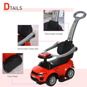 Red toy car with removable handle, safety bar, and foot pedal on a white background.