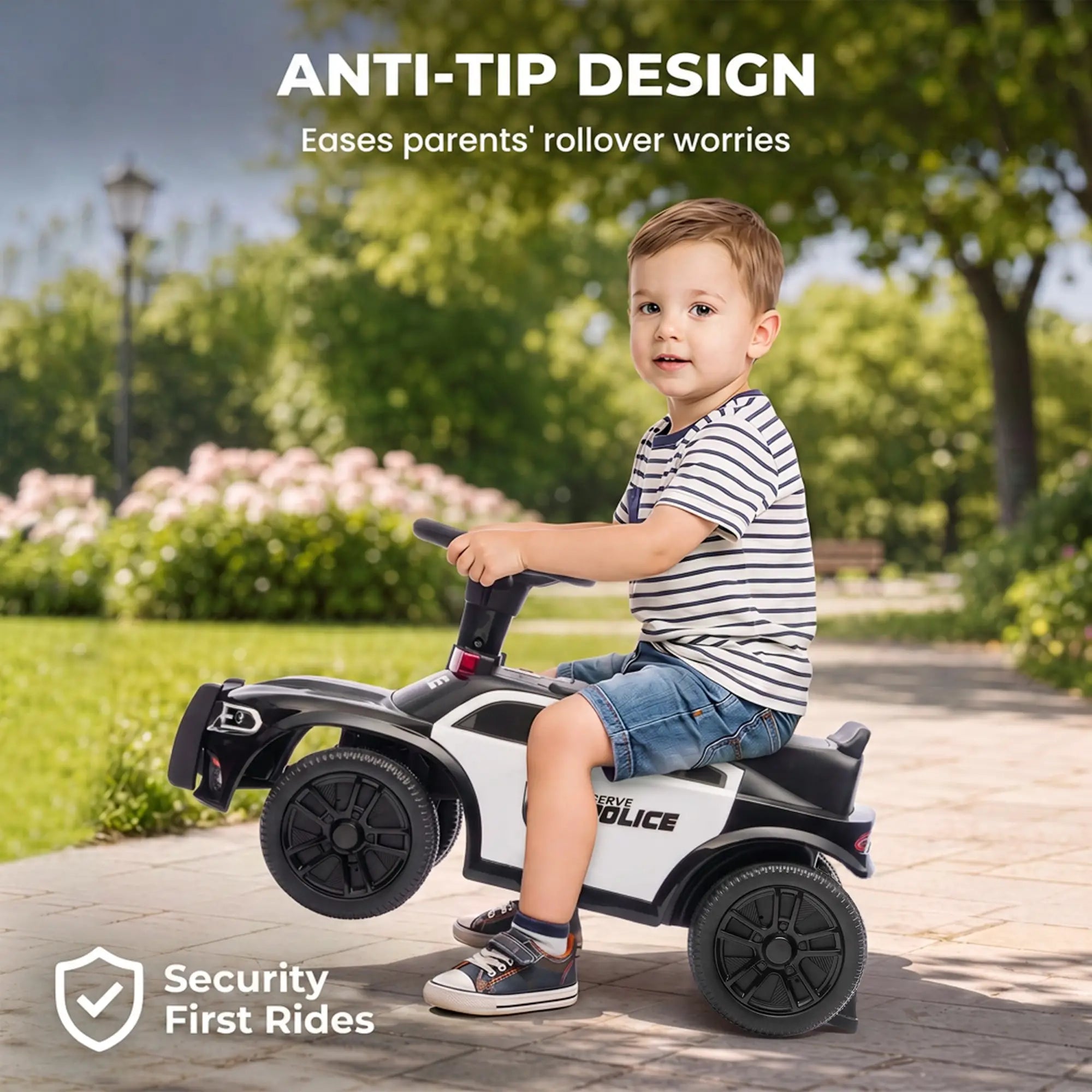 A young boy wearing a striped t-shirt and denim shorts sits on a white and black police-themed ride-on toy car outdoors on a paved path. The image features promotional text overlays at the top and bottom highlighting 'ANTI-TIP DESIGN' and 'Security First Rides'.