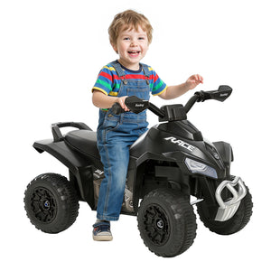 Child sitting on a toy ATV with 'Racing' branding on a white background