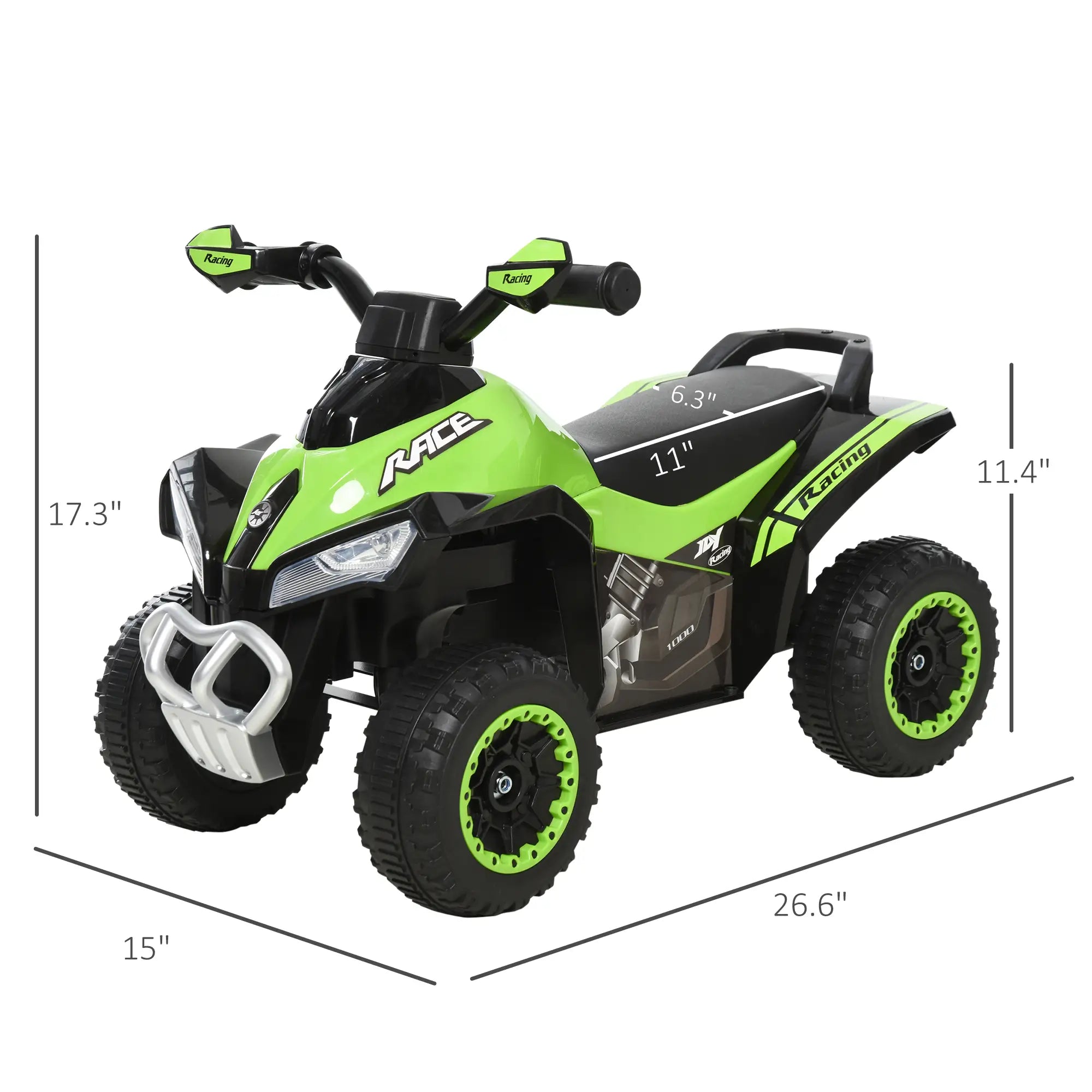 Green toy ATV with measurements on a white background