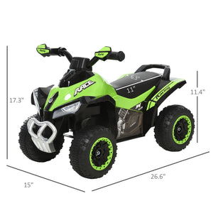 Green toy ATV with measurements on a white background