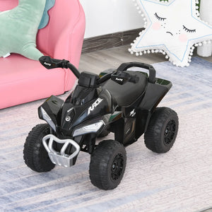 Black toy ATV on a carpeted floor with a pink couch and decorative items in the background