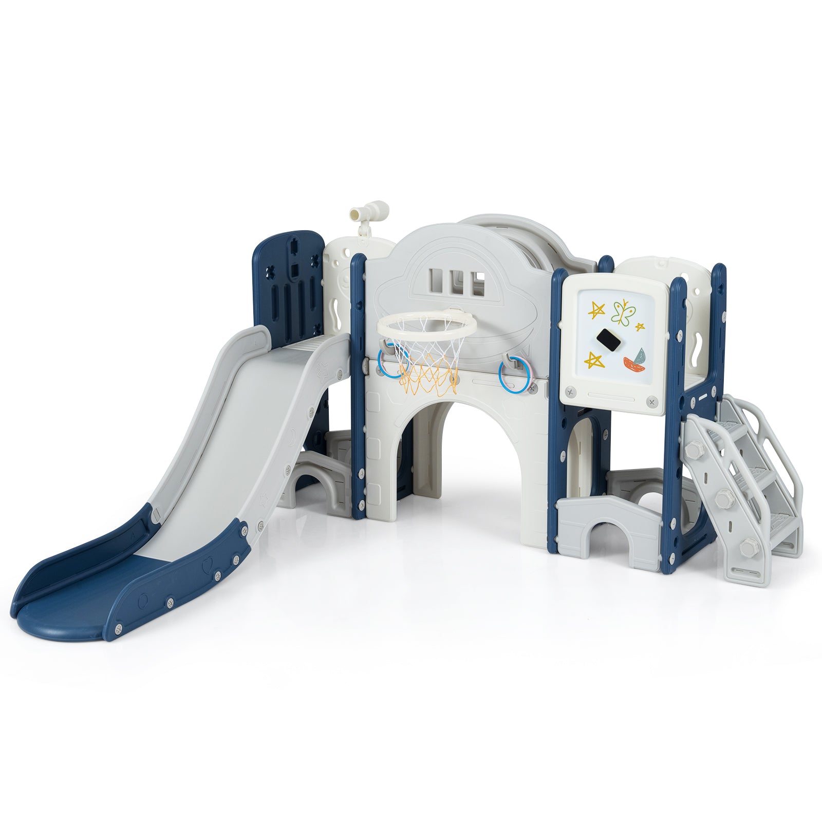 Indoor toddler slide set featuring ring toss game