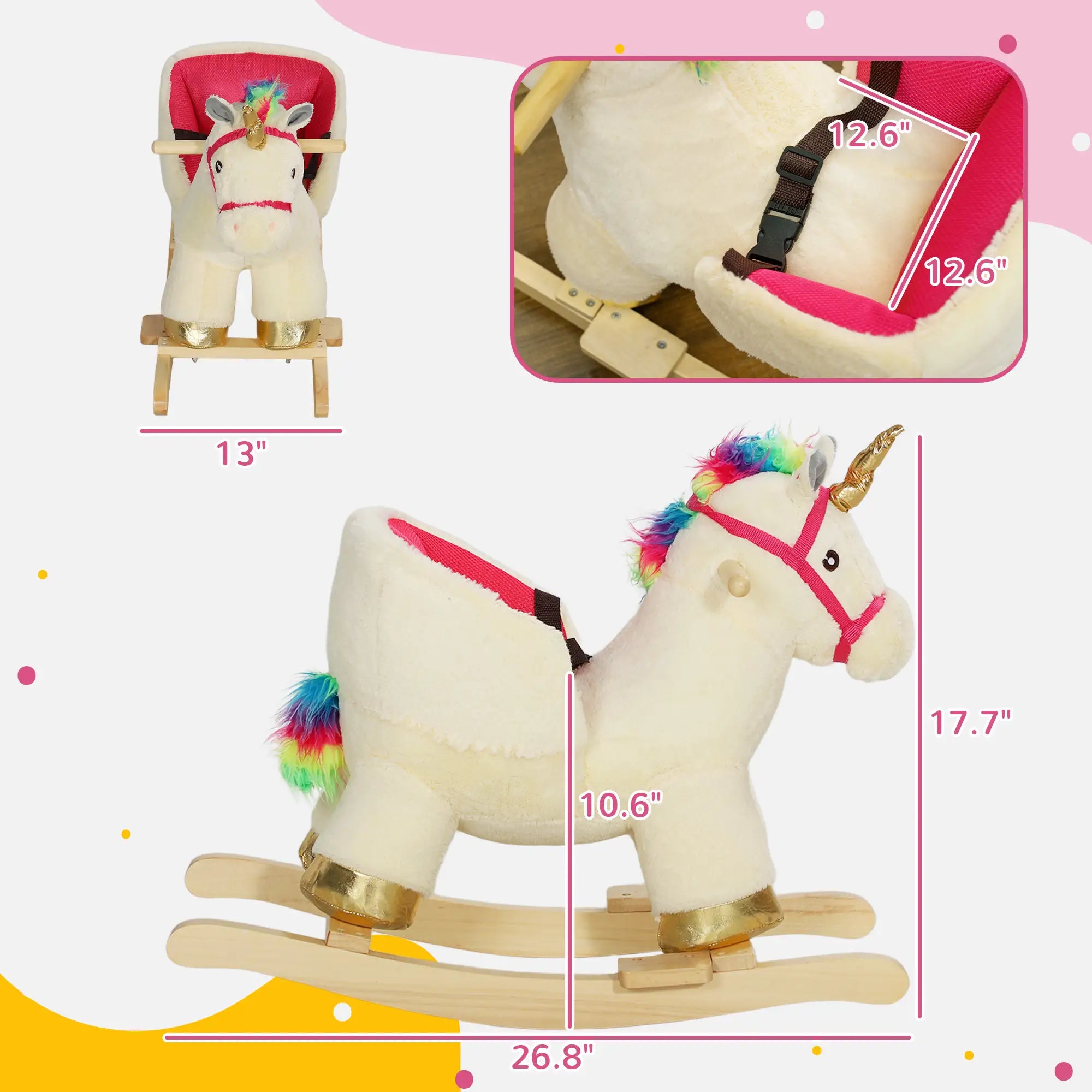 White rocking horse with unicorn design and measurements on a colorful background