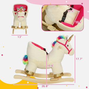 White rocking horse with unicorn design and measurements on a colorful background