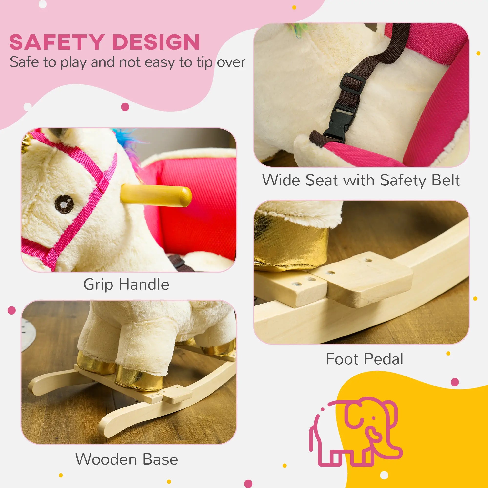 Safety features of a rocking horse with text on a pink and yellow background