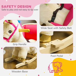 Safety features of a rocking horse with text on a pink and yellow background