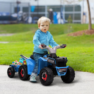 Child playing with a blue toy truck on a sidewalk