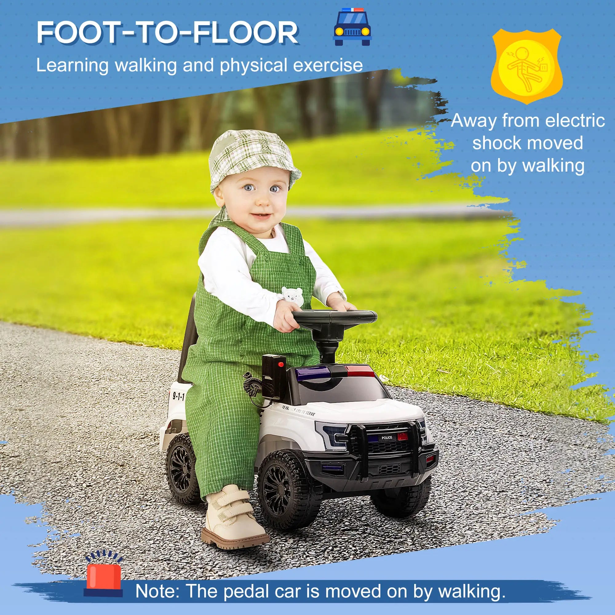 Child in a green outfit sitting on a toy car with text about learning walking and physical exercise.