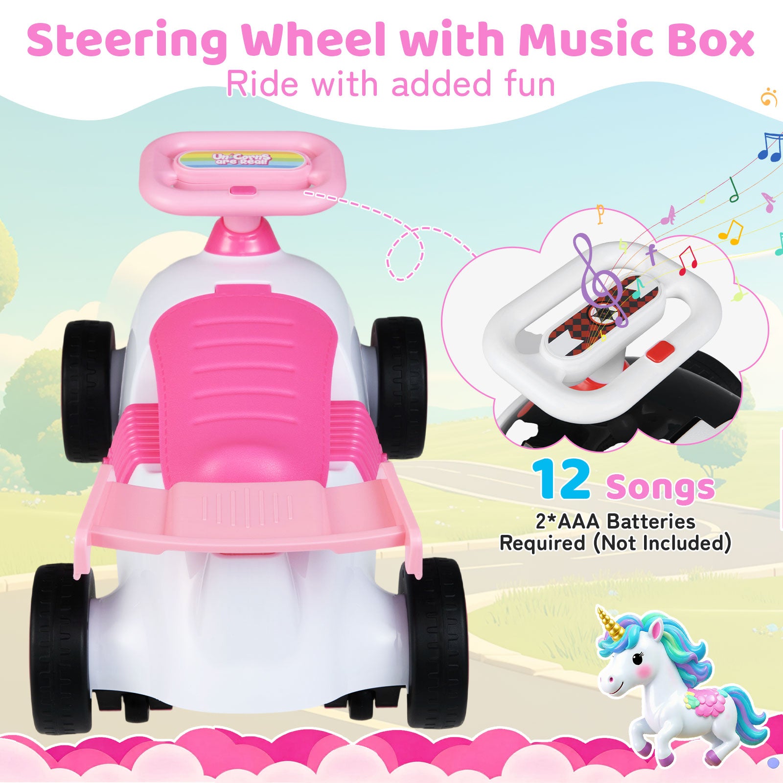 Pink steering wheel with music box toy for children, featuring a unicorn illustration and text about songs and batteries.