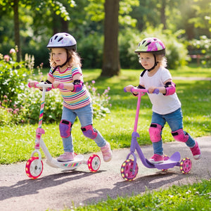 Two children riding scooters in a park with greenery and sunlight.