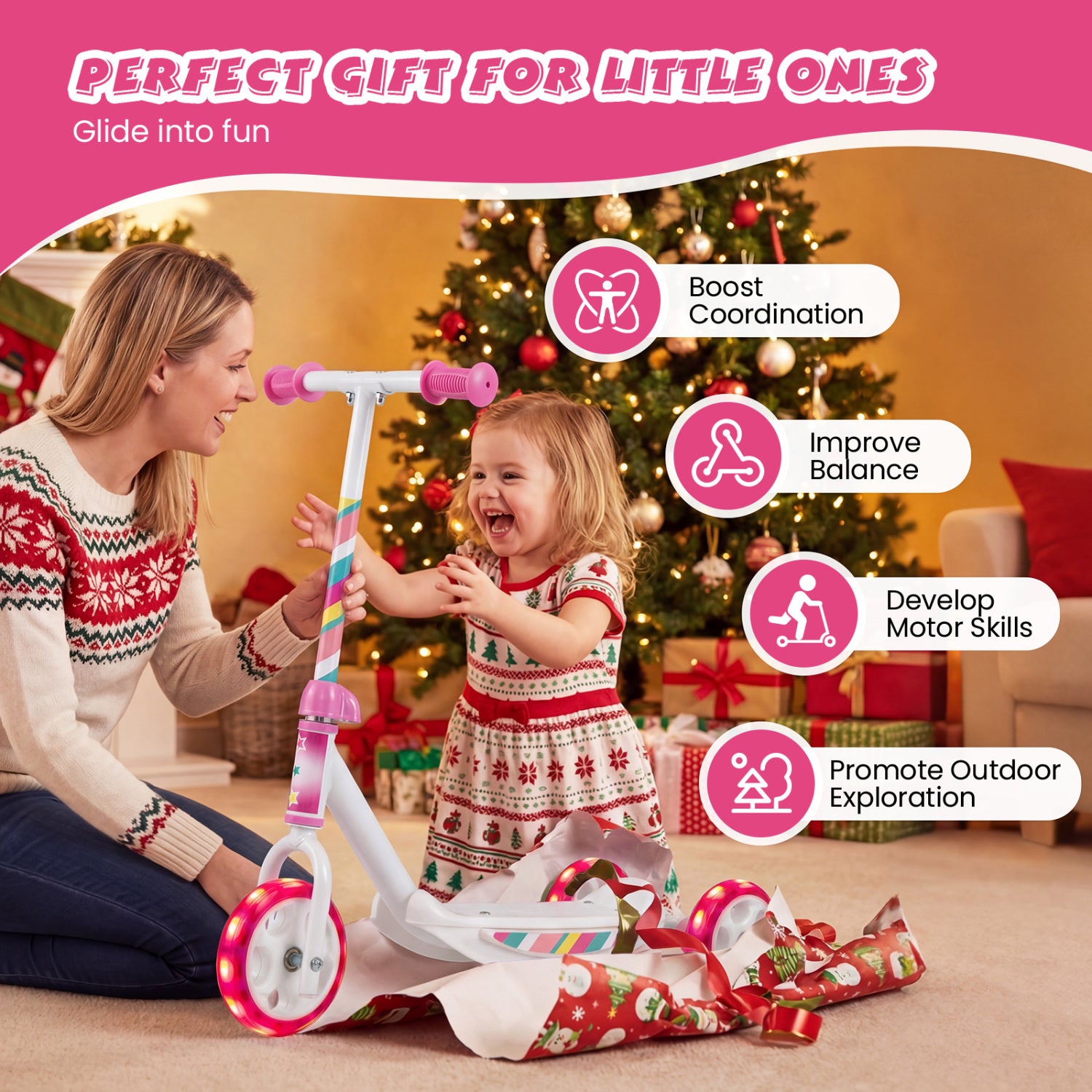 Woman and child with a scooter in front of a Christmas tree, surrounded by gift boxes.