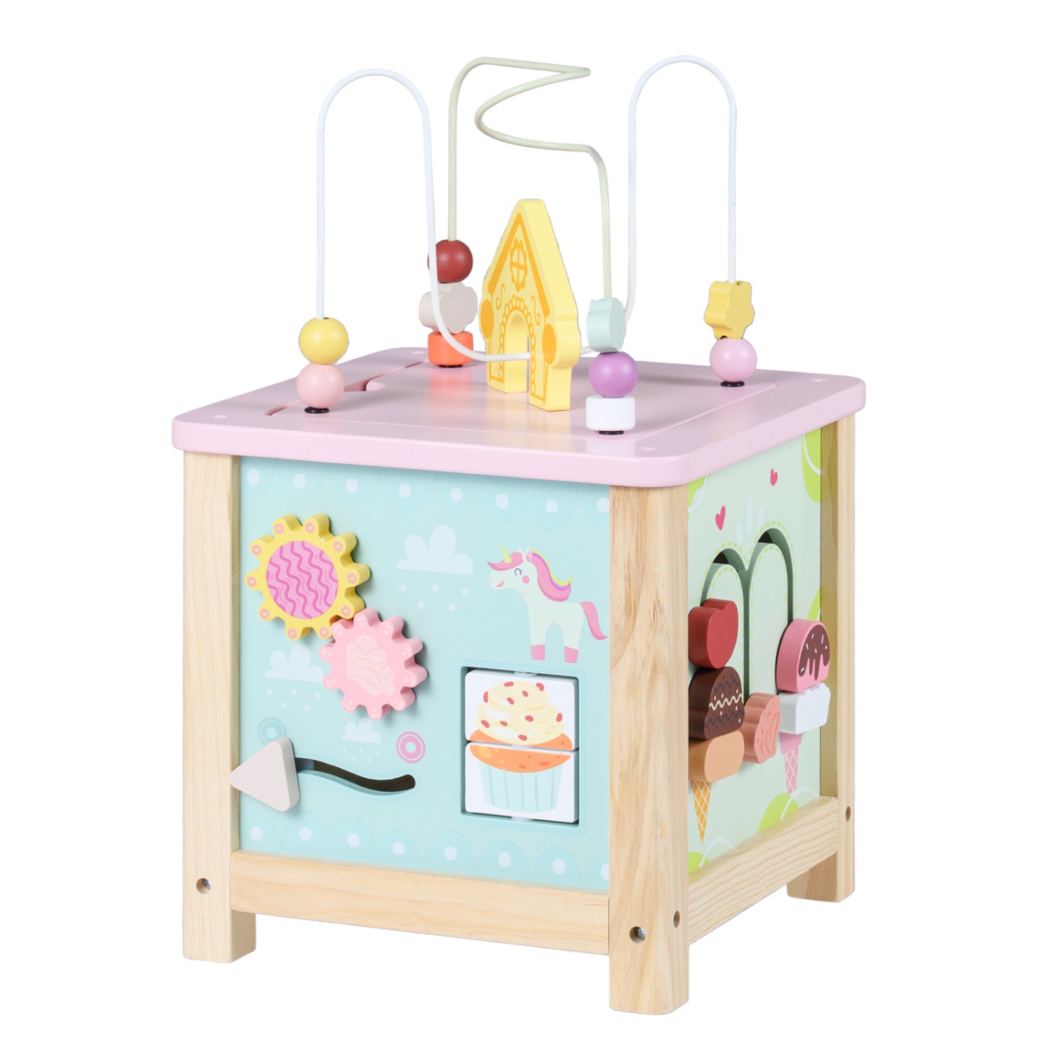 Wooden sensory activity cube with interactive learning games for toddlers
