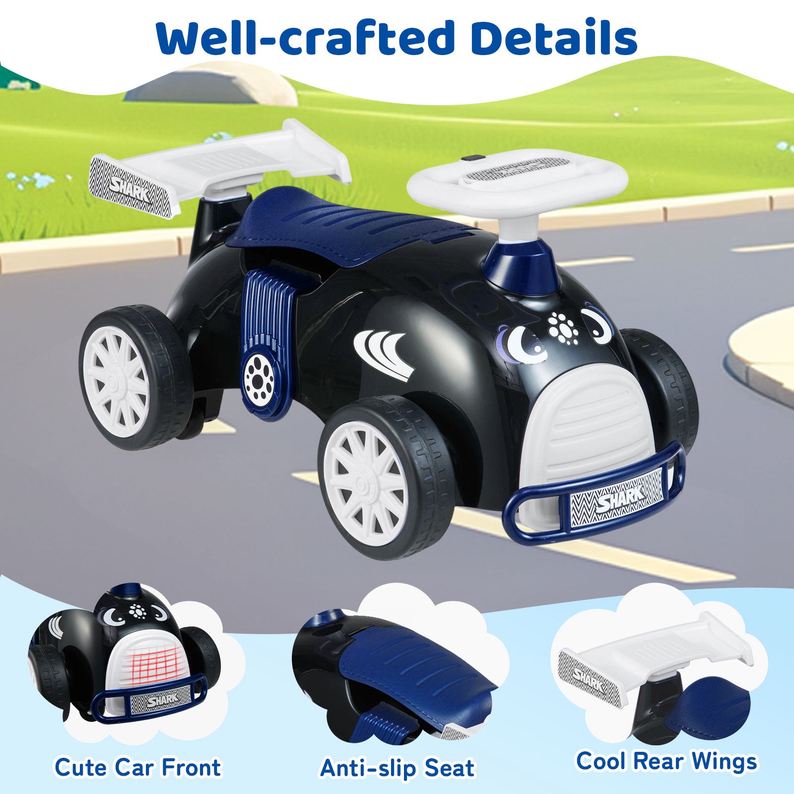 Toy car with shark design on a road with scenic background