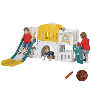 Children playing on a colorful playground set with slides and climbing structure.