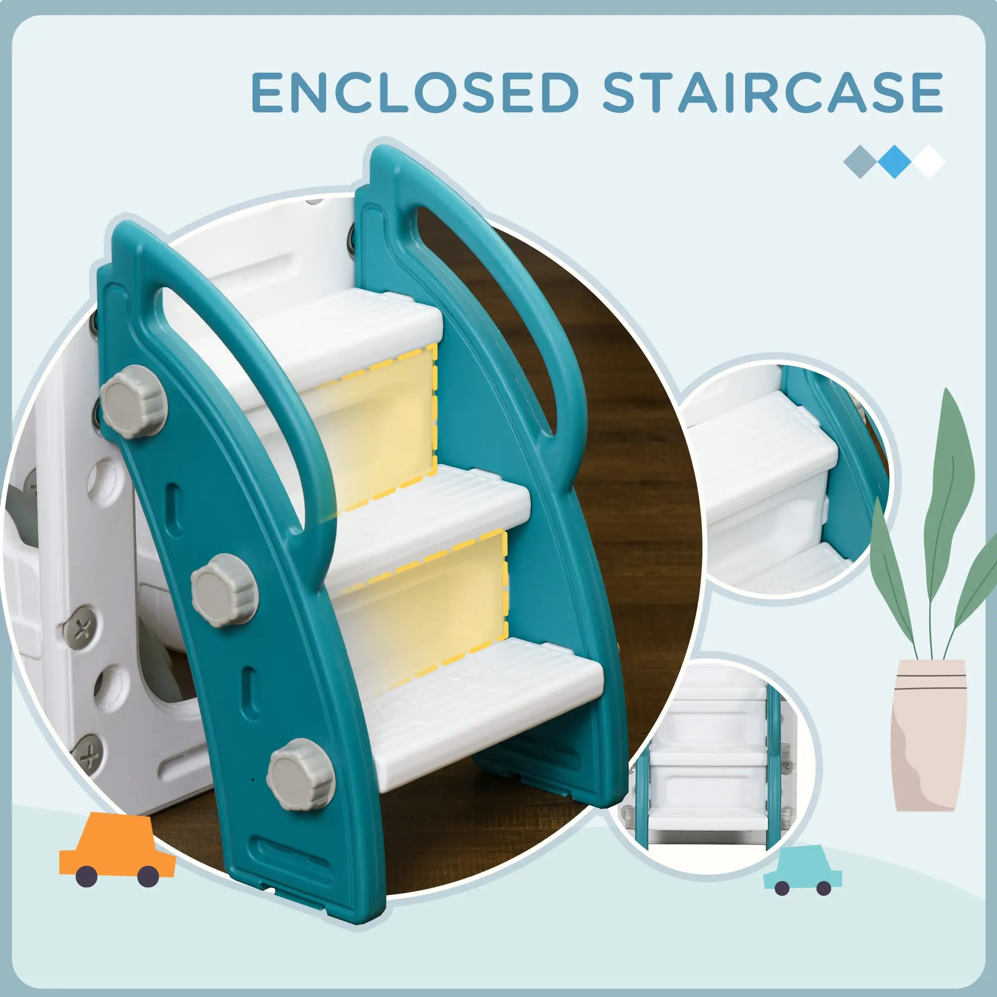 Teal and white staircase with 'Enclosed Staircase' text on a light blue background