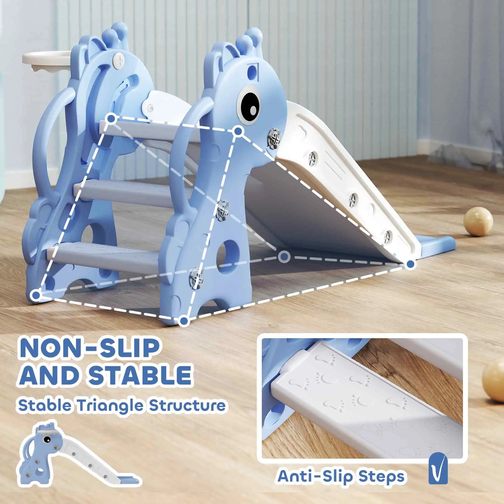 Children's playground slide with stable triangle structure and anti-slip steps on a wooden floor.