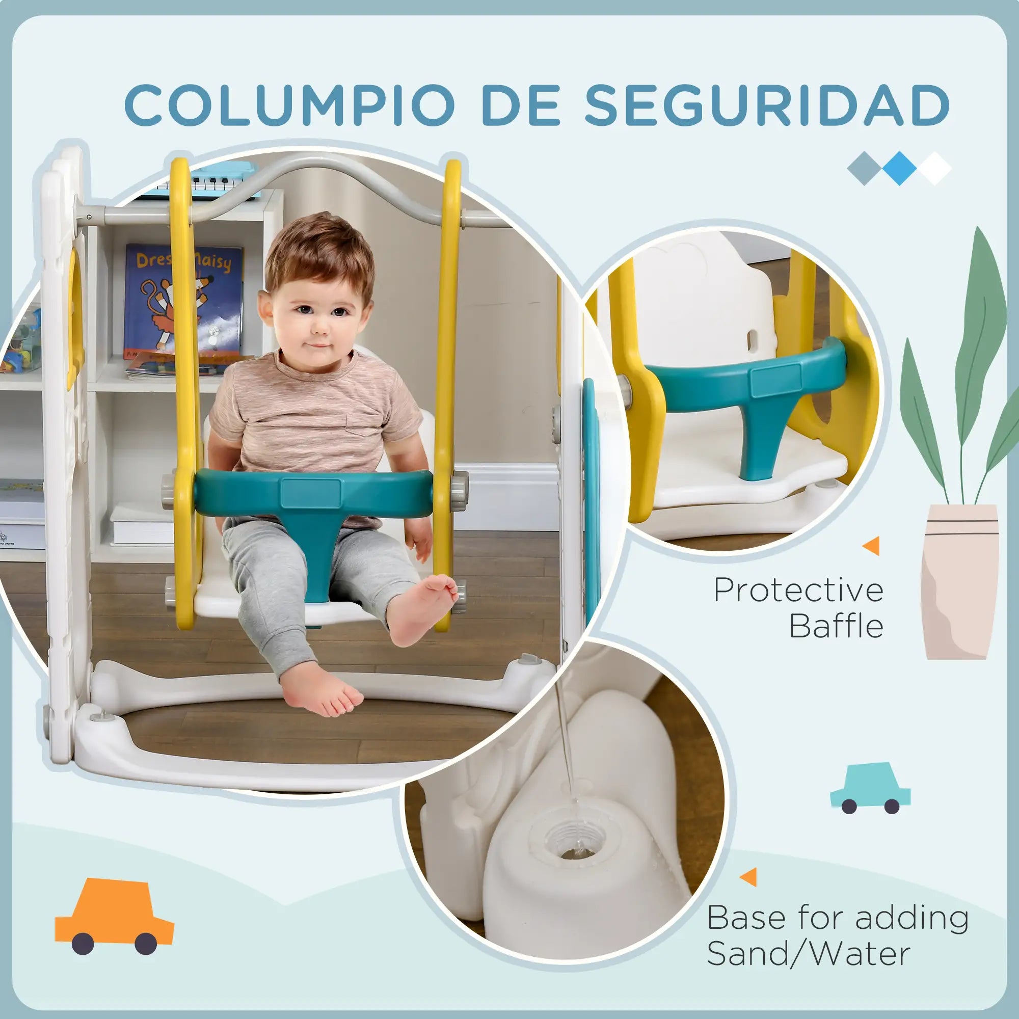 Child safety gate with protective baffle and base for sand/water, featuring a child sitting on it.
