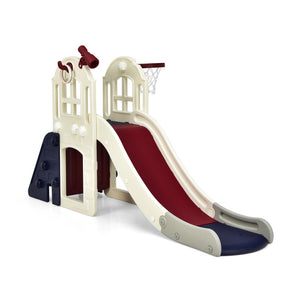 Children's playground slide with red slide surface, beige sides, and blue base on a white background