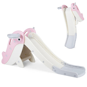 A children's slide toy shaped like a whale, shown from the front and back on a clean white background. The slide features a pink and off-white whale design with a gray base and a light gray hand grip.