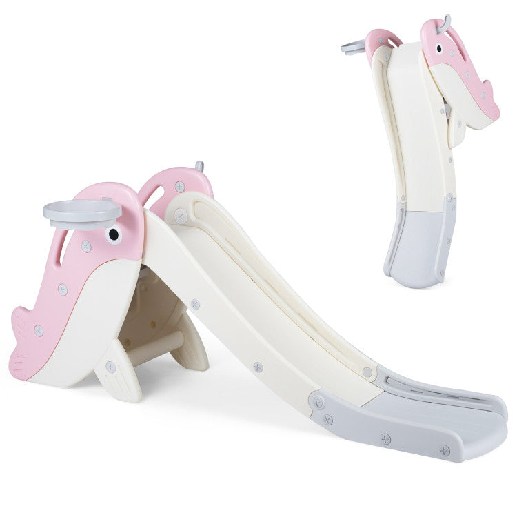 A children's slide toy shaped like a whale, shown from the front and back on a clean white background. The slide features a pink and off-white whale design with a gray base and a light gray hand grip.