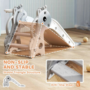 Children's play structure with slide and stairs on a wooden floor, emphasizing stability and safety features.