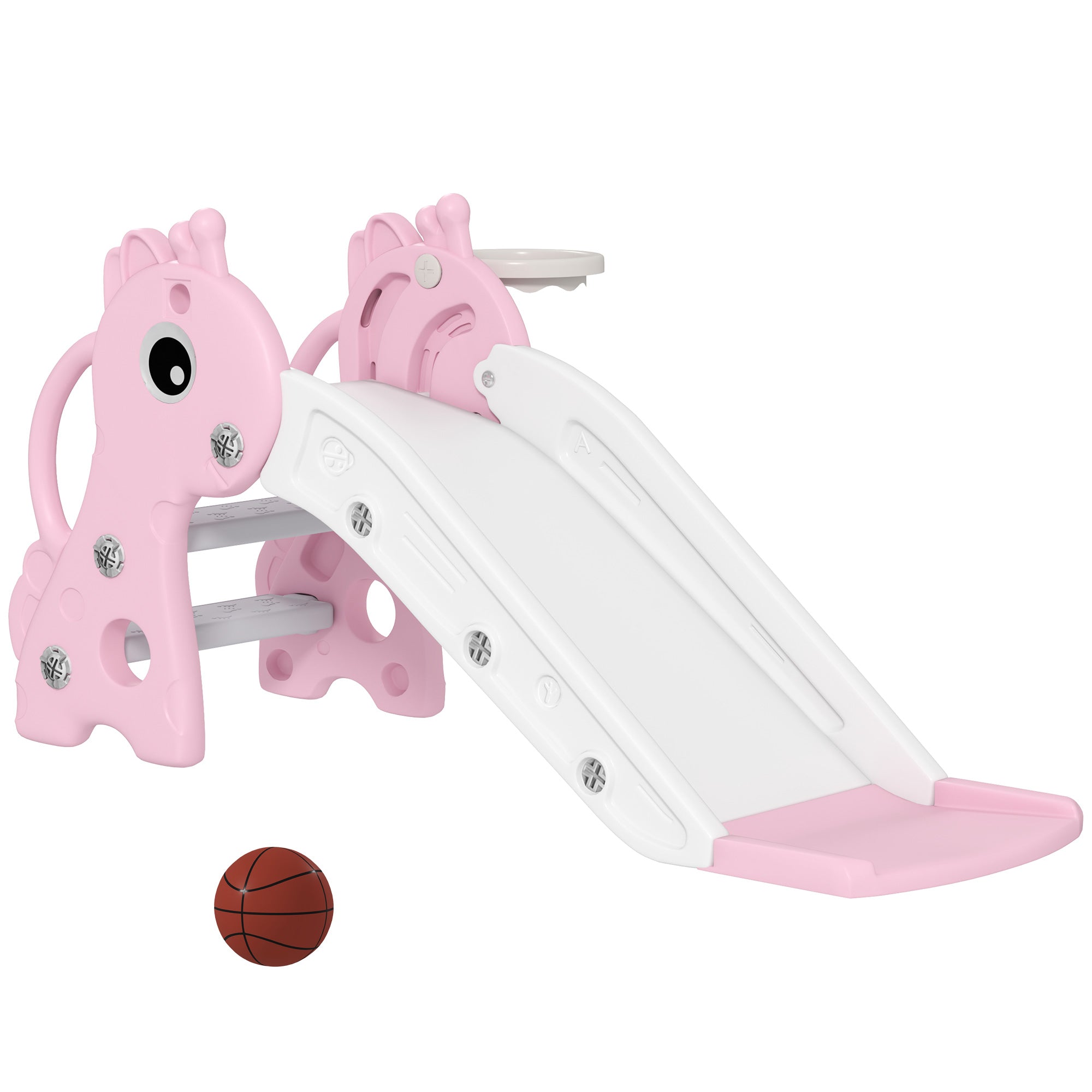 Pink children's slide with a basketball on a white background