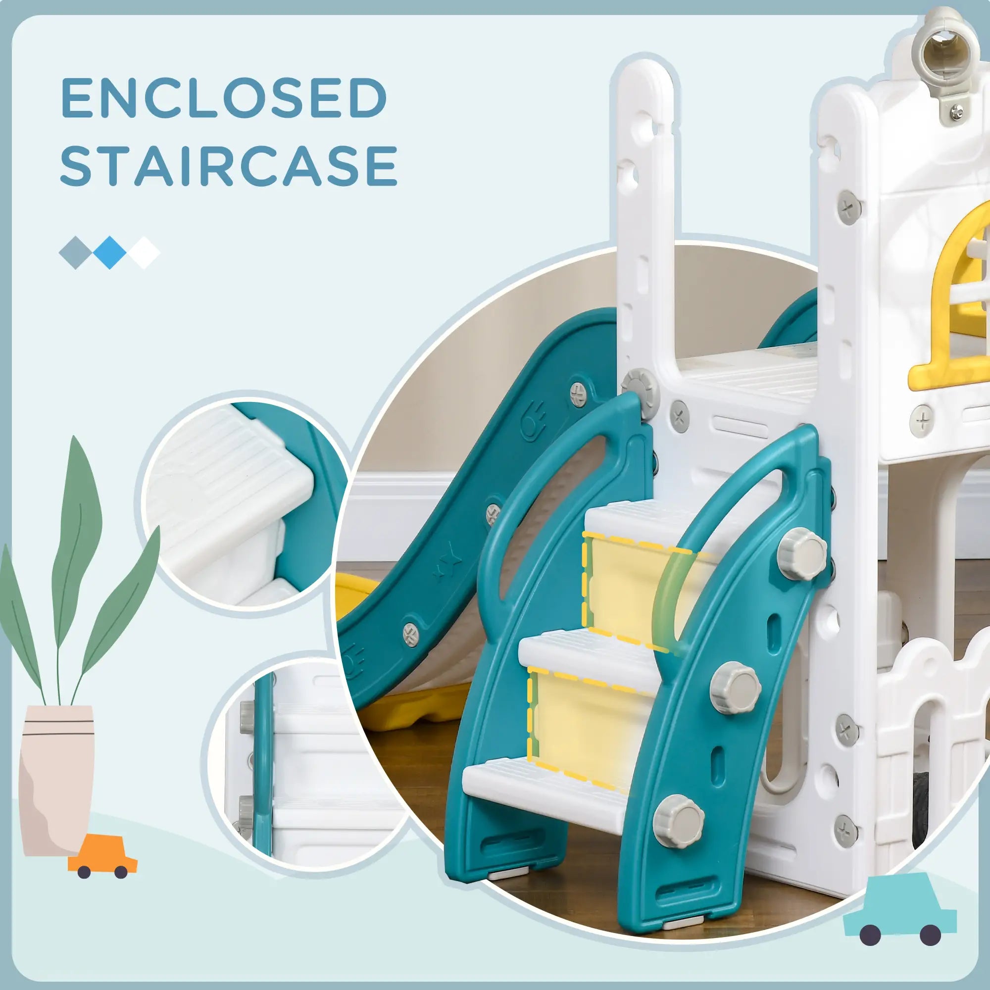 Children's play structure with enclosed staircase, teal and yellow steps, on a light blue background.