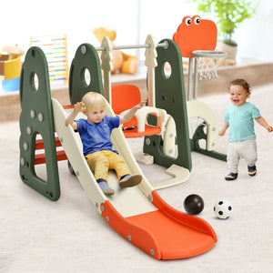 Children playing on a colorful indoor playground set with a slide and climbing structure.