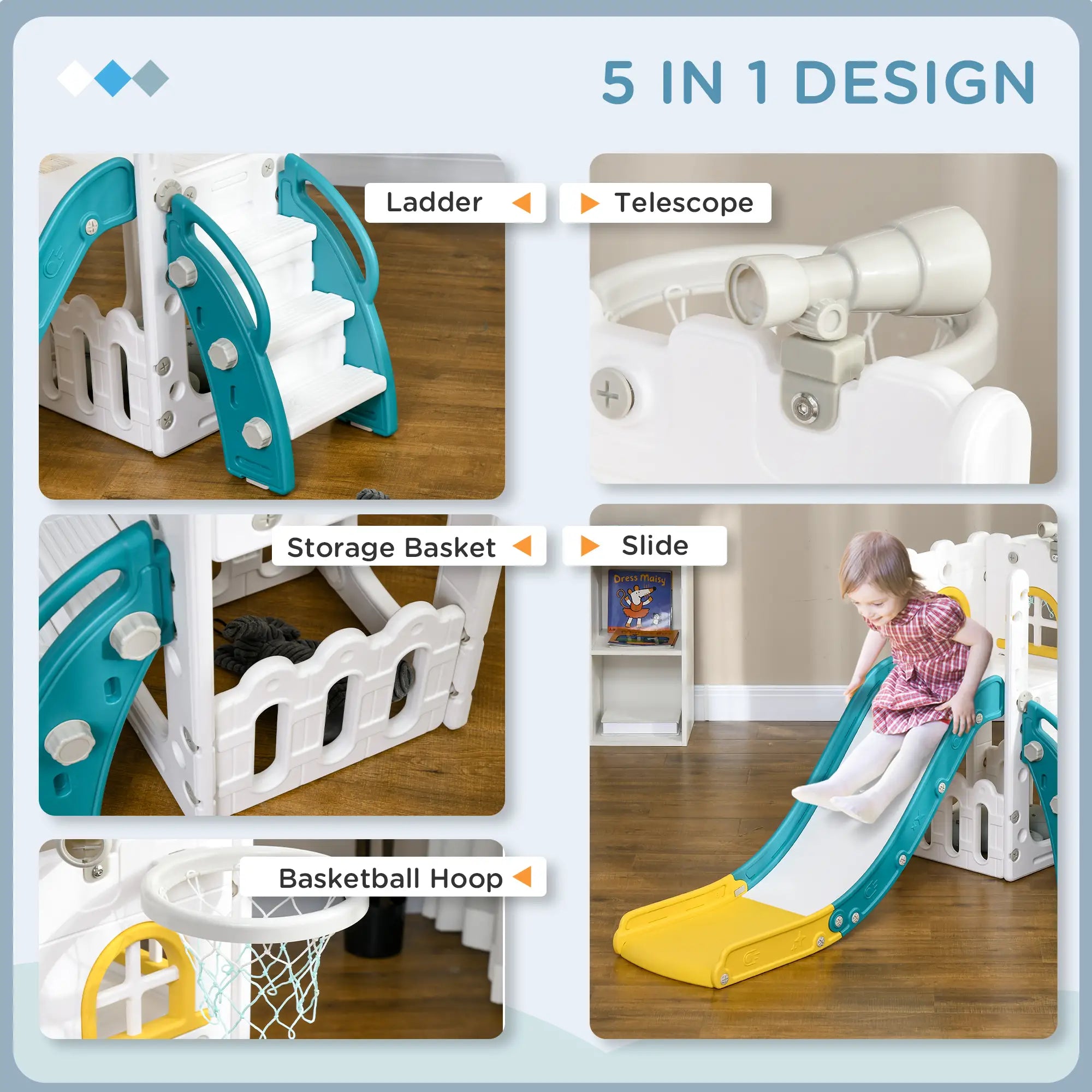 Multi-functional children's play structure with ladder, telescope, storage basket, slide, and basketball hoop.