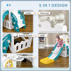 Multi-functional children's play structure with ladder, telescope, storage basket, slide, and basketball hoop.