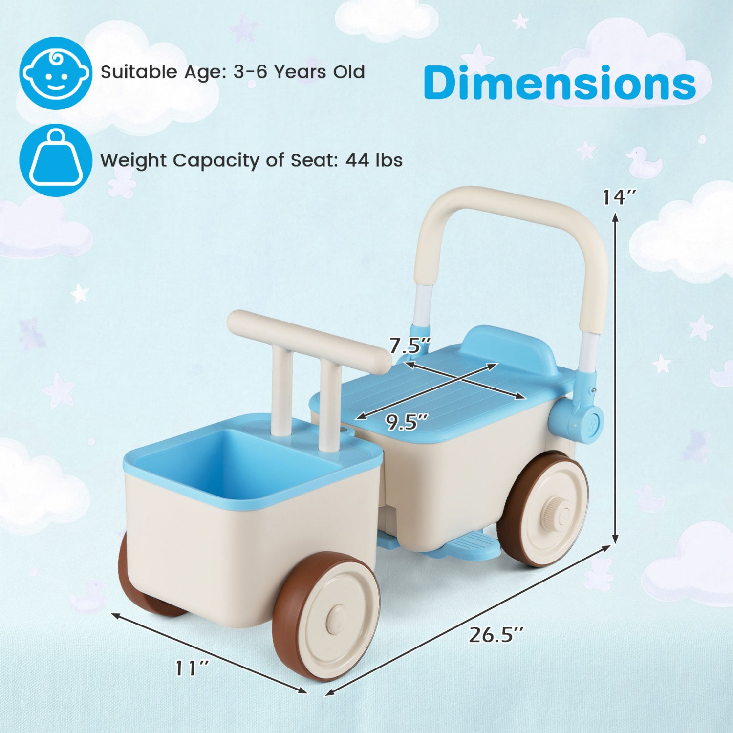 Dimensions of a children's toy cart with suitable age and weight capacity information.