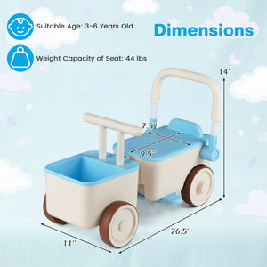 Dimensions of a children's toy cart with suitable age and weight capacity information.