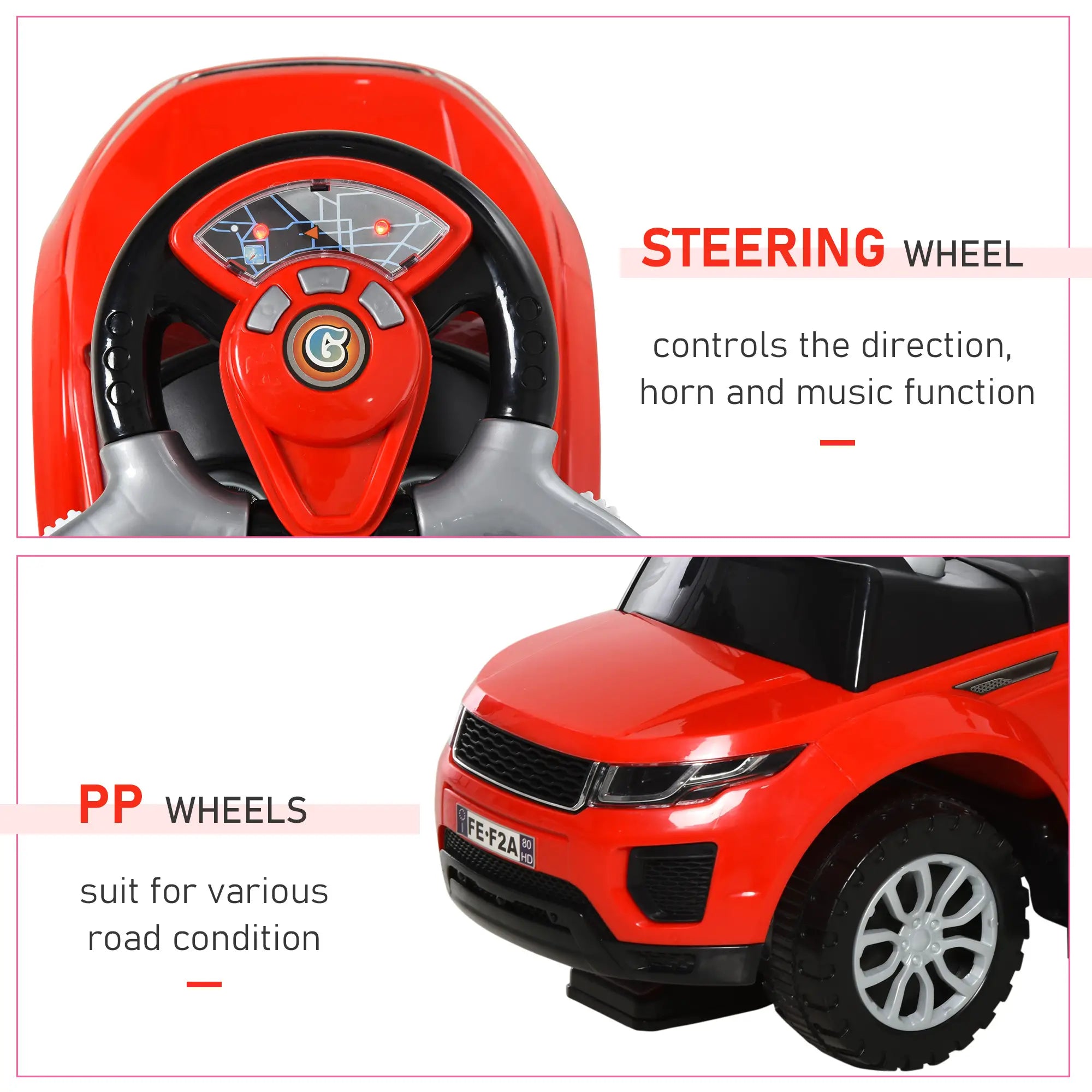 Red toy car with steering wheel and PP wheels on a white background