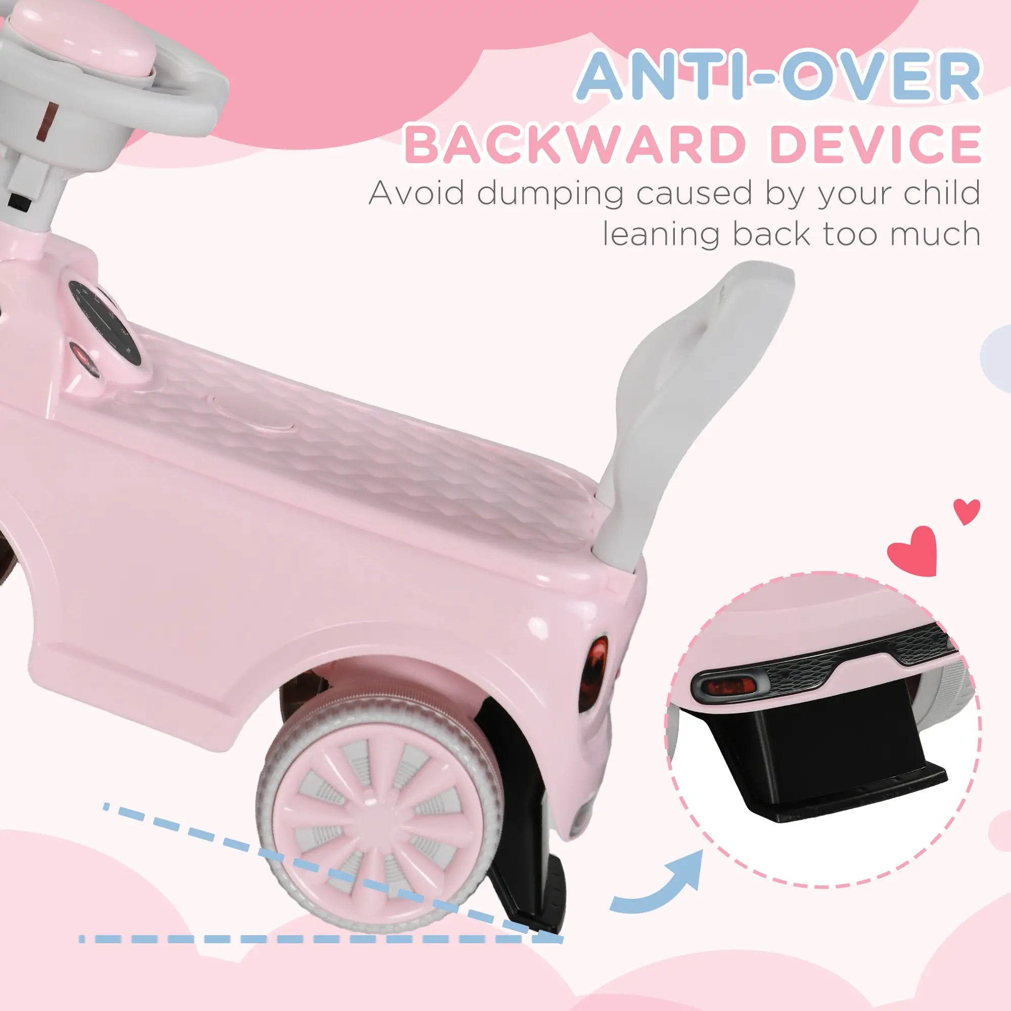 Toddler sliding car with comfortable supportive backrest
