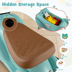 Turquoise scooter with brown seat and hidden storage space for toys, snacks, and tissues.