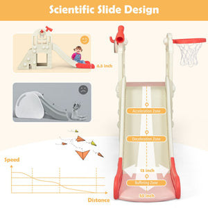 Children's slide with basketball hoop and basketball, featuring scientific design elements.
