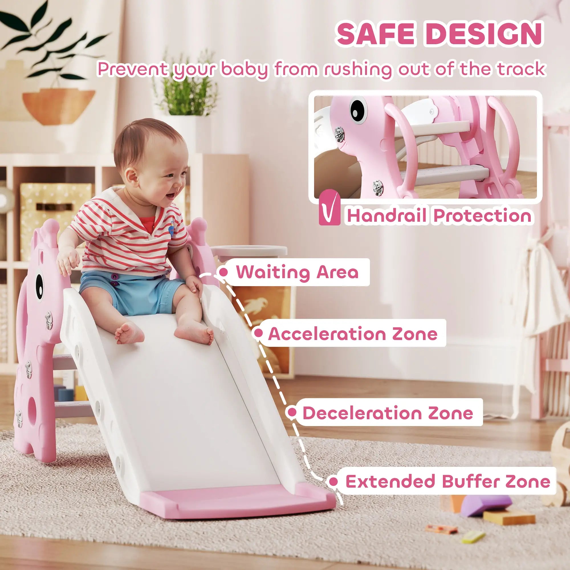 Baby slide with safety features highlighted in a room setting