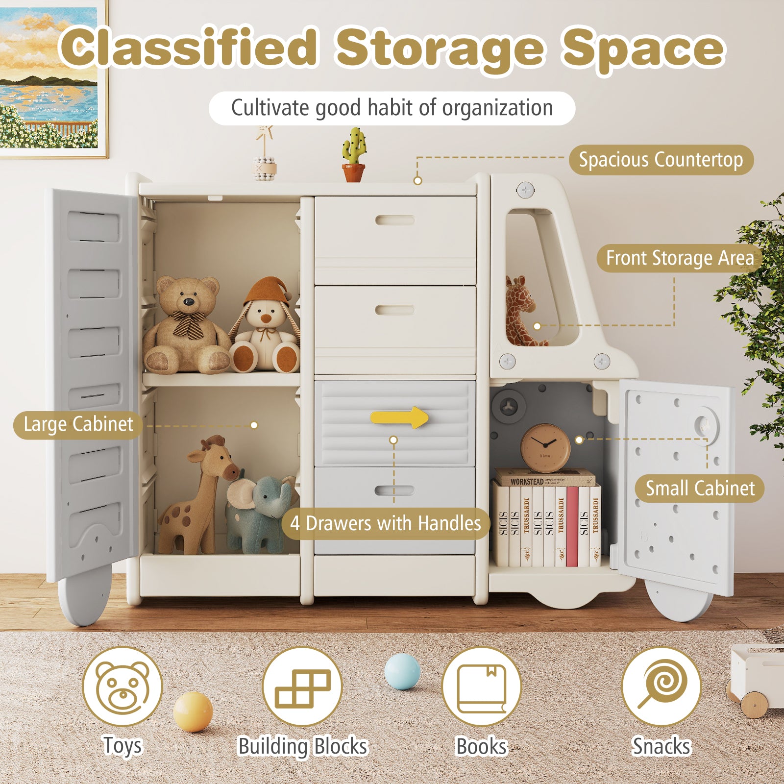 Toddler toy organizer with multiple storage spaces