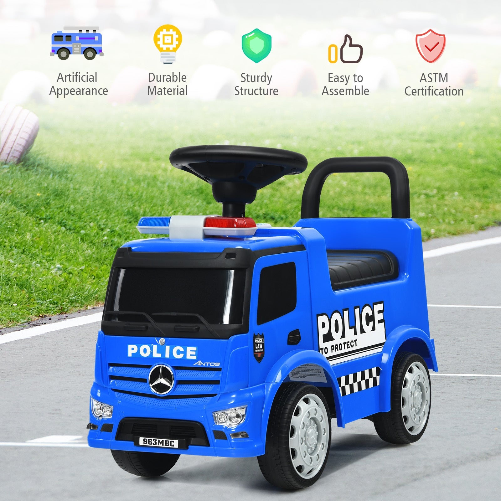 Blue police toy car on a road with certification icons above