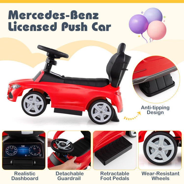 Red push car with Mercedes-Benz branding, featuring various features on a yellow background.