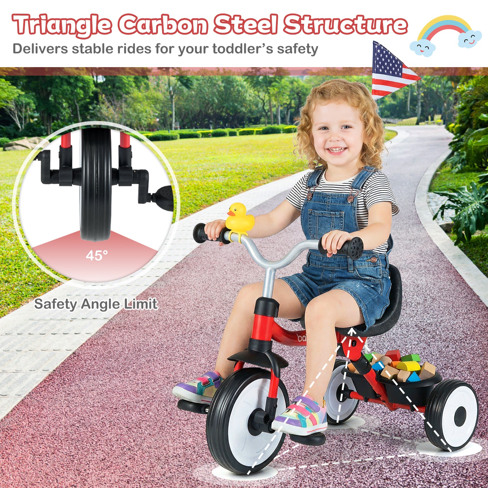 Child riding a tricycle with safety features highlighted, outdoors on a path.