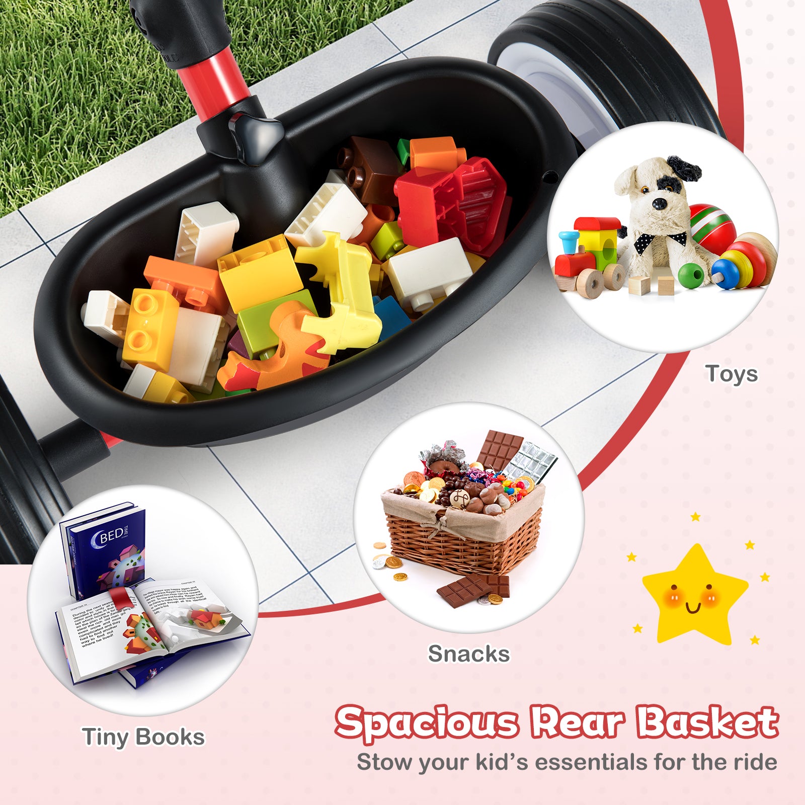 Spacious rear basket with toys, snacks, and books for a child's car seat.