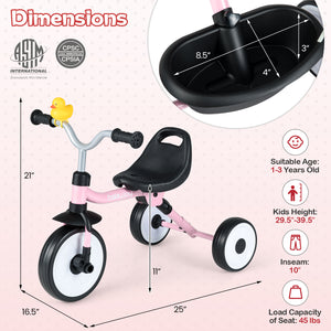 Pink tricycle with dimensions and safety certification labels on a light pink background