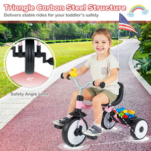 Child riding a tricycle with safety features highlighted, including a triangle carbon steel structure and safety angle limit.