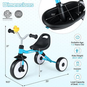 Baby tricycle with dimensions and safety certification logos on a light blue background