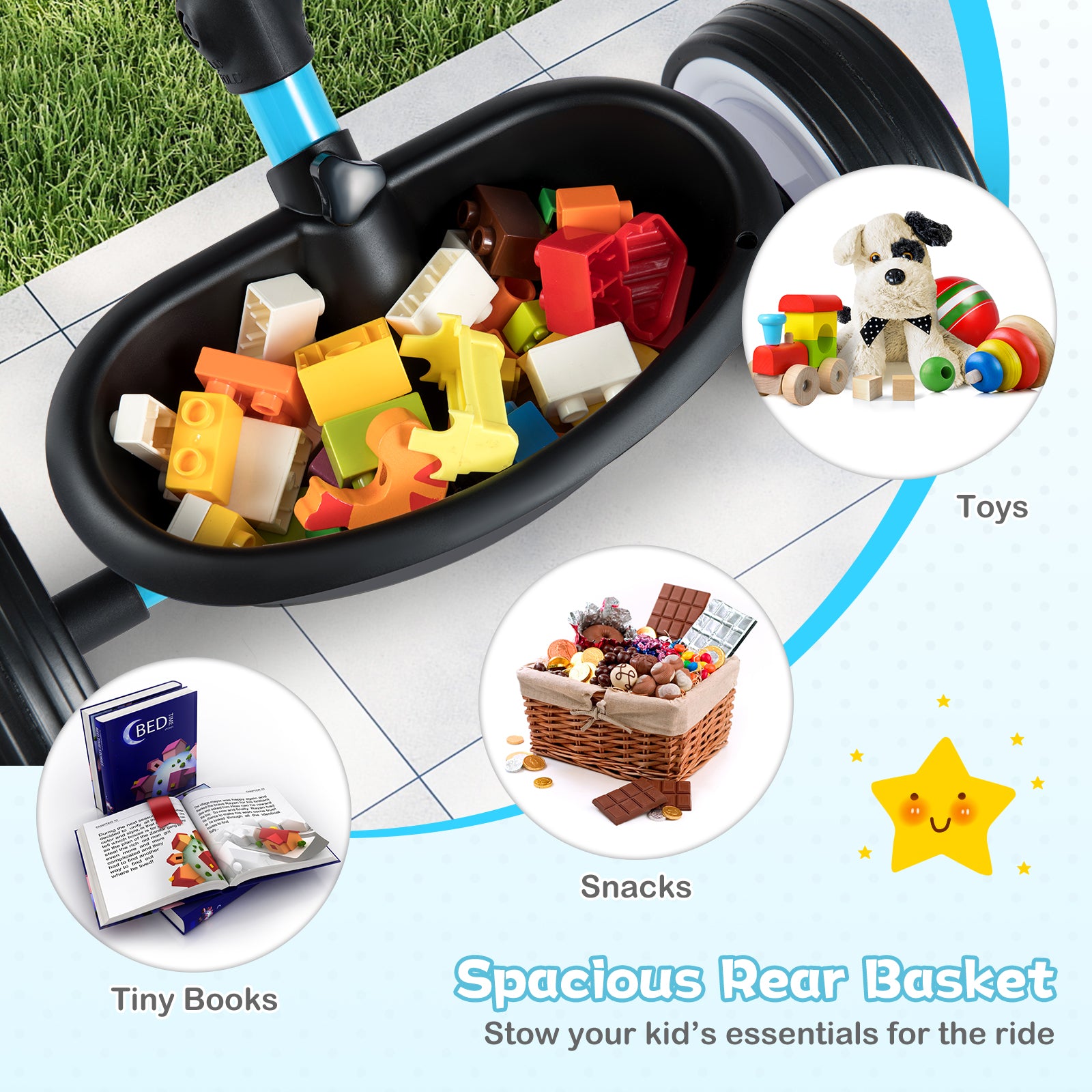 Spacious rear basket of a children's bike with toys, snacks, and books displayed.