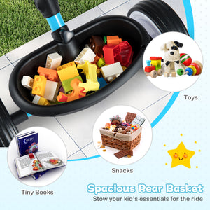 Spacious rear basket of a children's bike with toys, snacks, and books displayed.